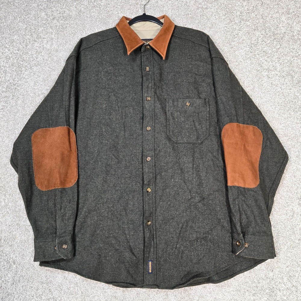 Vtg Woolrich Buckskin Wool Blend Shirt Men XL leather Collar Elbow Patches green